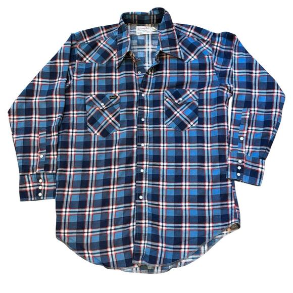 Vintage 60s Wrangler Pearl Snap Flannel Red Plaid Dagger Pt Collar 17x33 Large - Picture 2 of 6